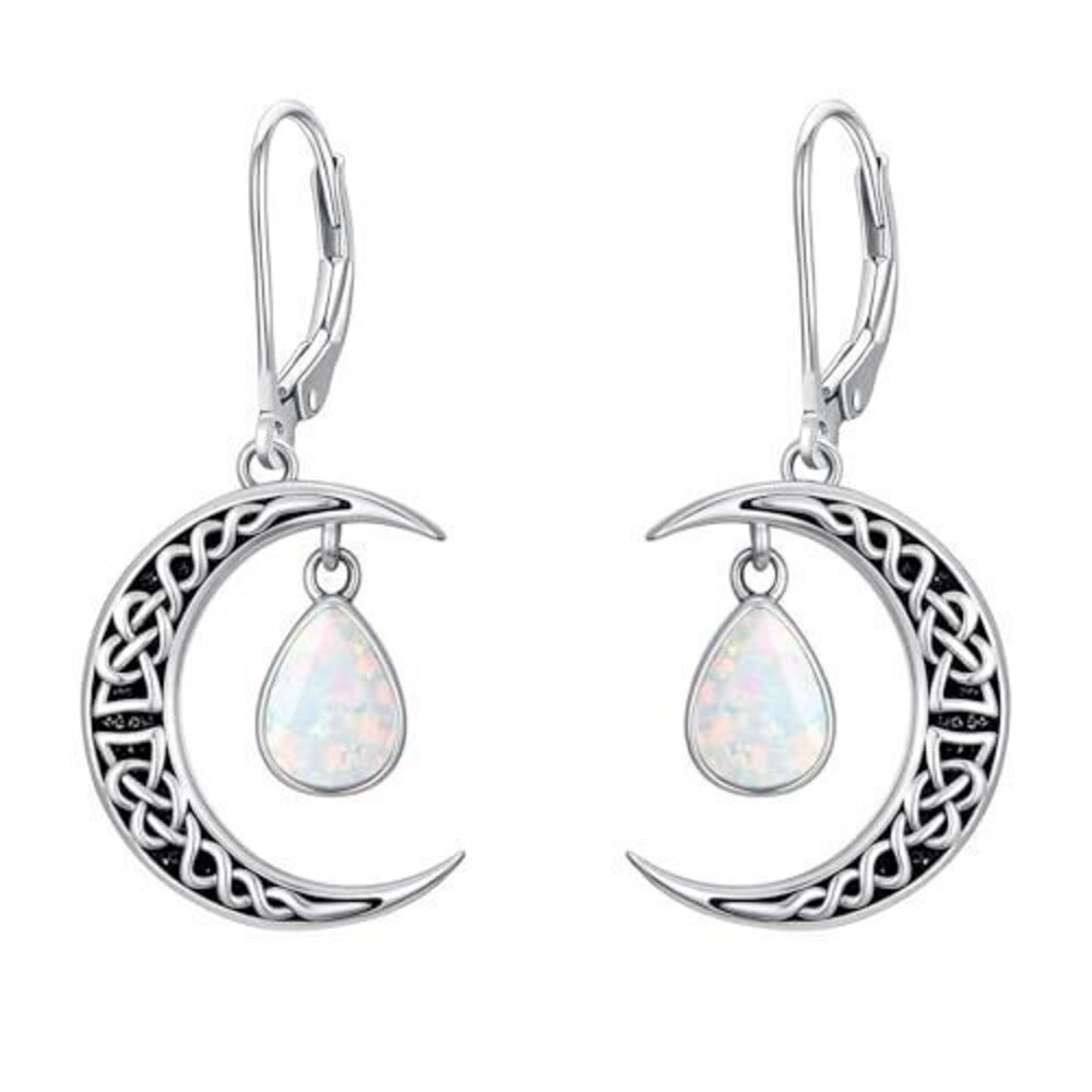 3859 Opal Earrings Celtic Moon Earring 925 Sterling Silver Vintage Crescent